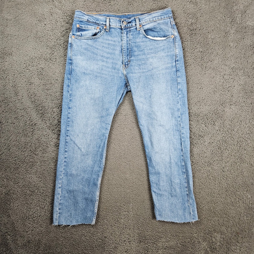 Levis 505 Regular Fit Cutoff‎ Jeans Mens 34x26 Light Wash Raw Hem Stretch